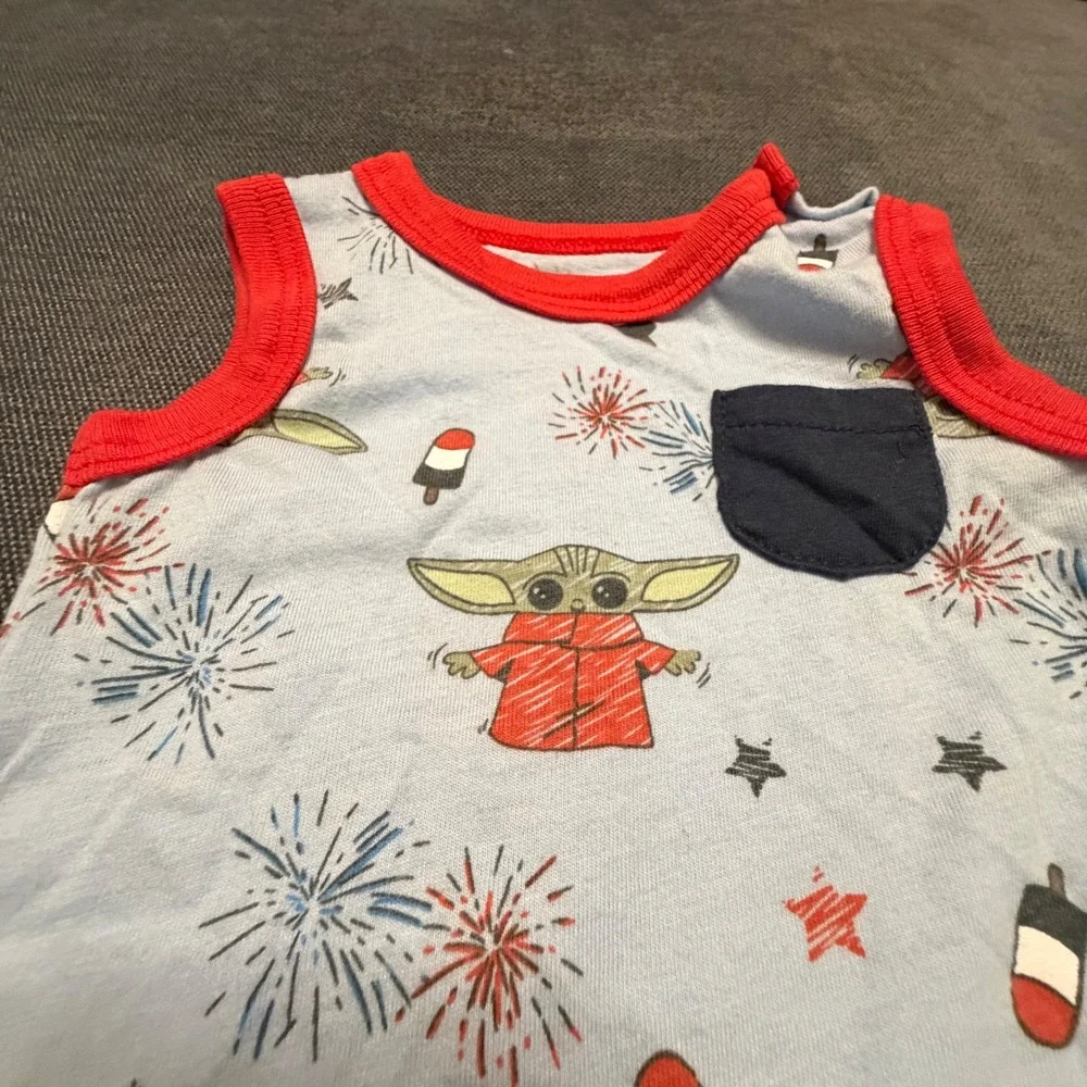 Star Wars Baby Yoda Grogu‎ Patriotic 4th of July Romper 0-3M Blue Red Sleeveless